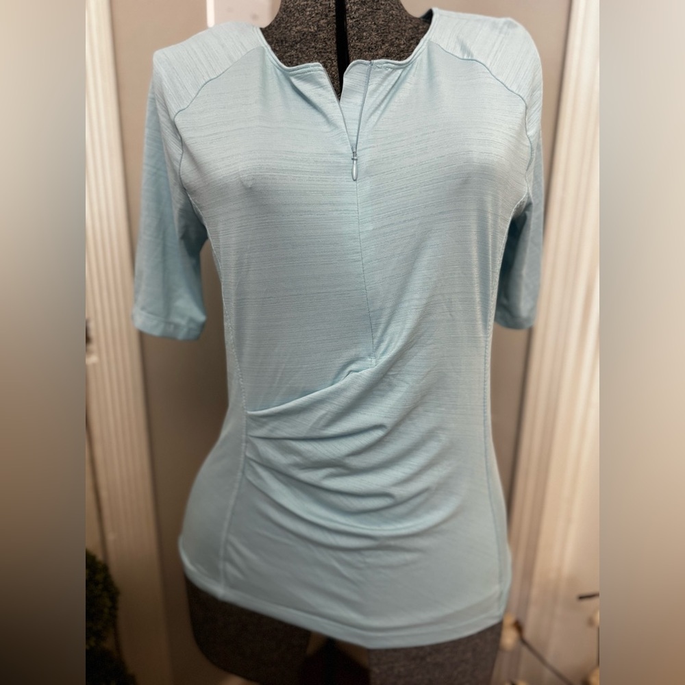 Athleta Short Sleeve Zip Side Ruching Pocket Yoga Top Light Blue Active Top Med
